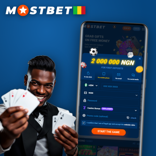 Mostbet inscription Mali sur smartphone avec interface sombre et accents dorés